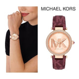 Michael Kors Parker Rose Gold Dial Maroon Leather Strap Watch For Women - MK2974