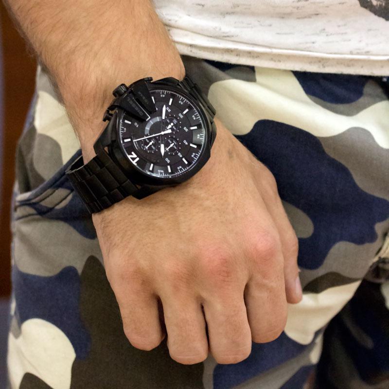 Diesel Mega Chief Chronograph Black Dial Black Steel Strap Watch For Men - DZ4283