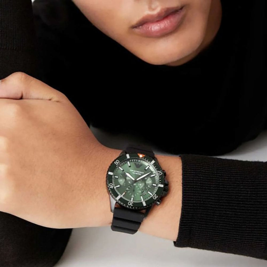Emporio Armani Diver Chronograph Quartz Green Dial Black Silicon Strap Watch For Men - AR11463