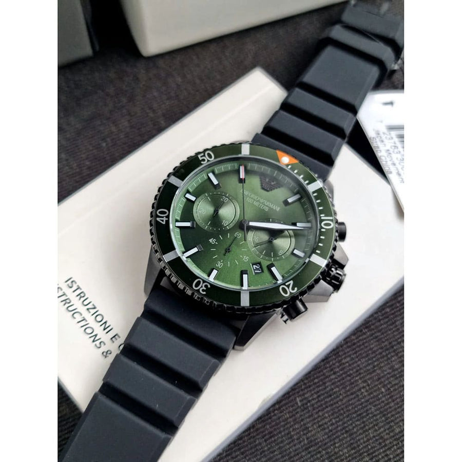 Emporio Armani Diver Chronograph Quartz Green Dial Black Silicon Strap Watch For Men - AR11463