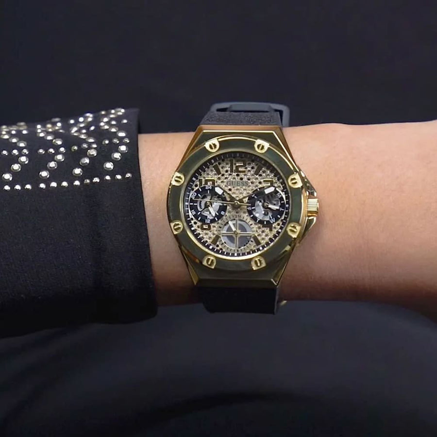 Guess Asteria Multifunction Gold Dial Black Rubber Strap Watch For Women - GW0620L2