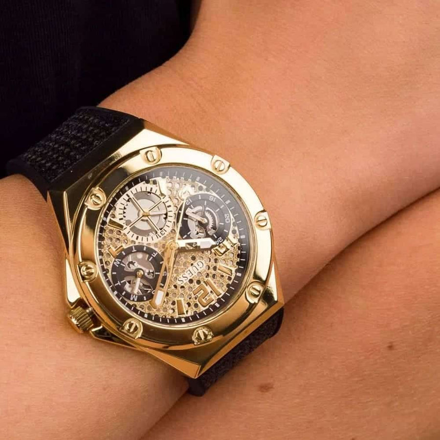 Guess Asteria Multifunction Gold Dial Black Rubber Strap Watch For Women - GW0620L2