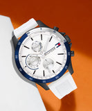 Tommy Hilfiger Bank Chronograph White Dial White Rubber Strap Watch for Men - 1791723