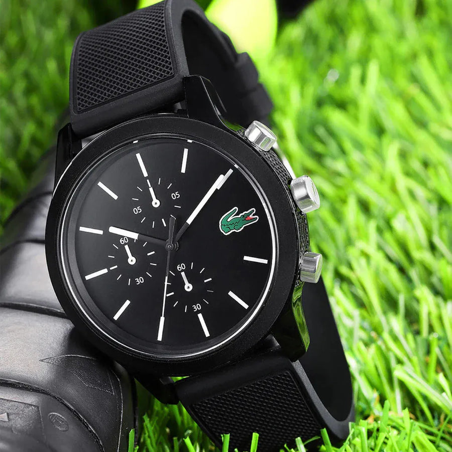 Lacoste 12.12 Chronograph Black Dial Black Silicone Strap Watch for Men - 2010972