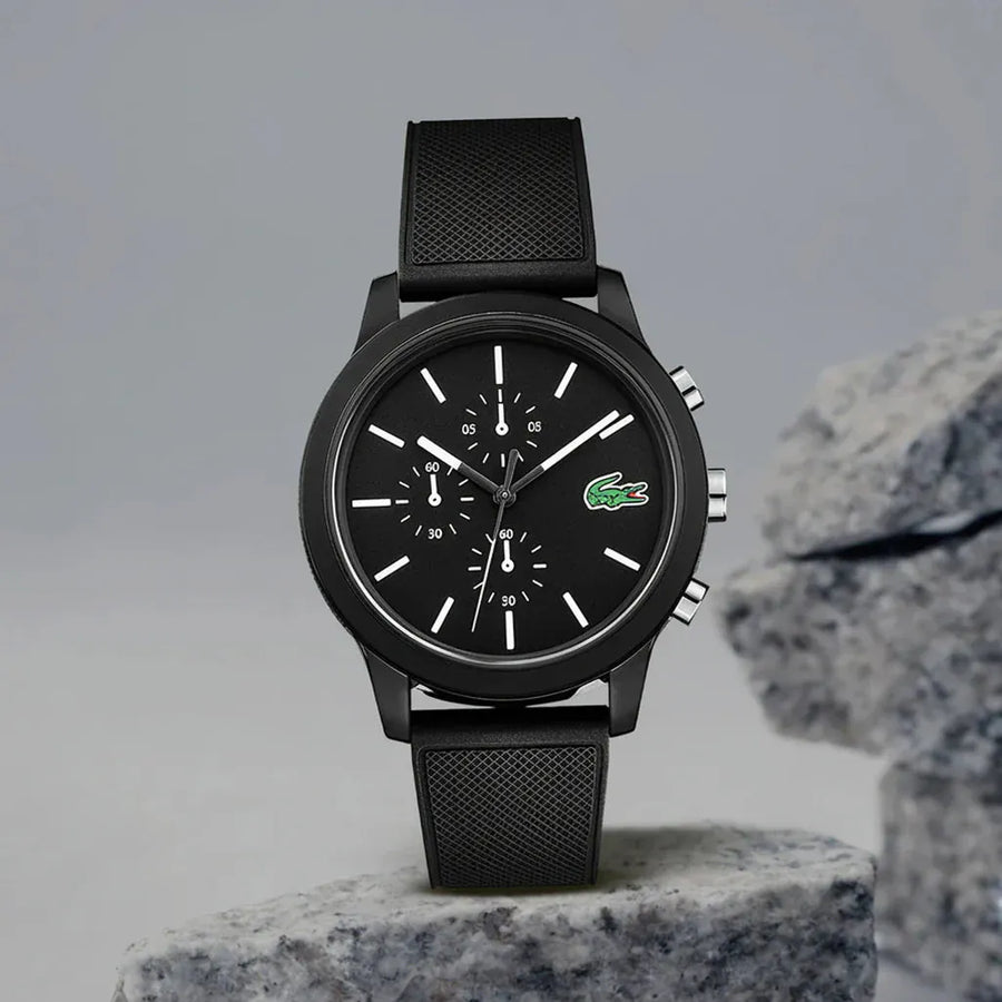 Lacoste 12.12 Chronograph Black Dial Black Silicone Strap Watch for Men - 2010972