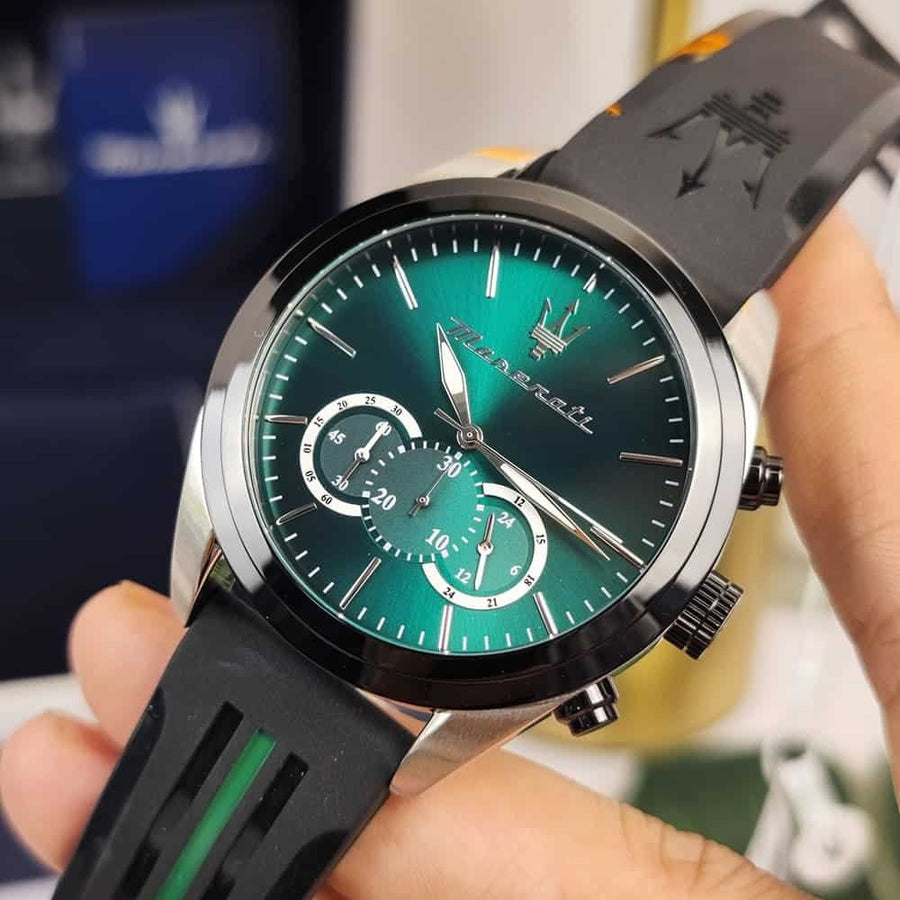 Maserati Traguardo Chronograph Green Dial Black Silicone Strap Watch For Men - R8871612043
