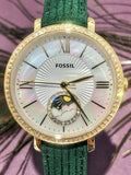 Fossil Jacqueline Multifunction Moonphase Mother of Pearl White Dial Green Leather Strap Watch for Women - ES5244