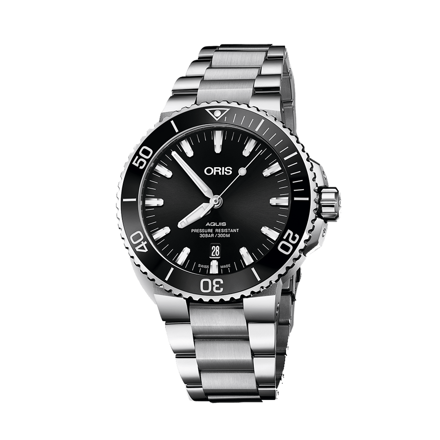 Oris Aquis Date Black Dial Silver Steel Strap Watch for Men - 0173377304134-0782405PEB