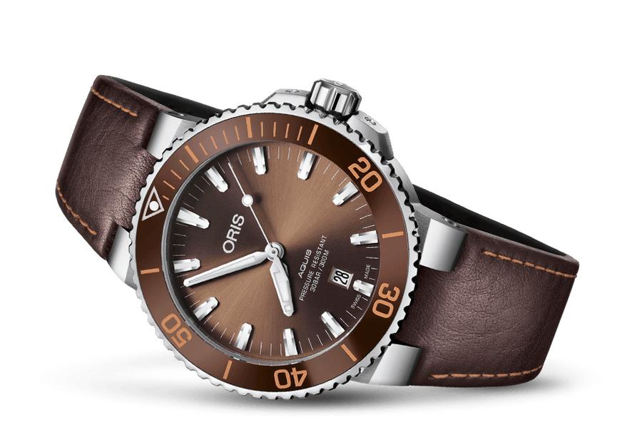Oris Aquis Date Brown Dial Brown Leather Strap Watch for Men - 0173377304152-0752412EB