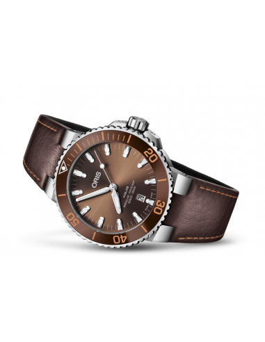 Oris Aquis Date Brown Dial Brown Leather Strap Watch for Men - 0173377304152-0752412EB