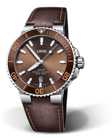 Oris Aquis Date Brown Dial Brown Leather Strap Watch for Men - 0173377304152-0752412EB