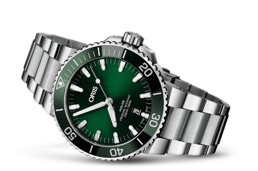 Oris Aquis Date Green Dial Silver Steel Strap Watch for Men - 0173377304157-0782405PEB