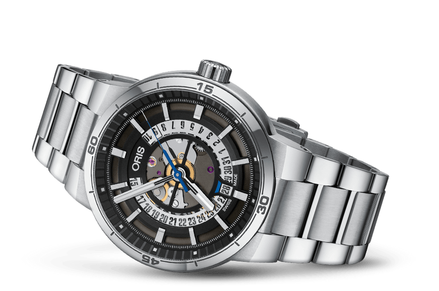 Oris TT1 Engine Date Skeleton Black Dial Silver Steel Strap Watch for Men - 0173377524124-0782408
