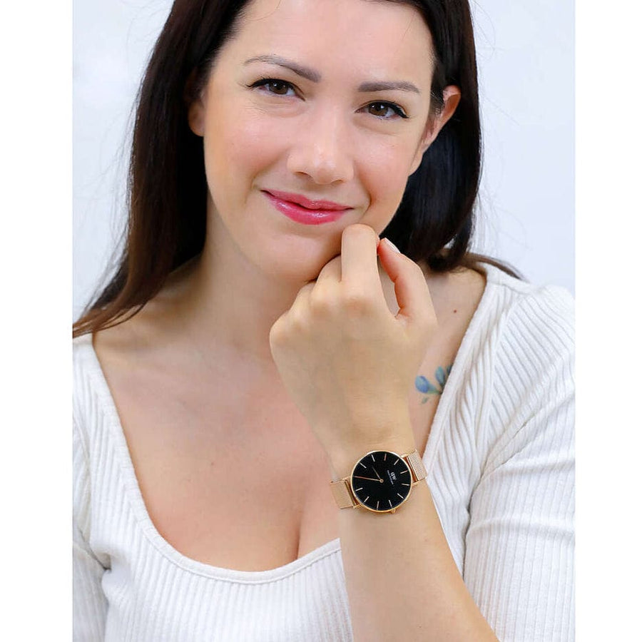 Daniel Wellington Petite Melrose Black Dial Rose Gold Mesh Strap Watch For Women - DW00100303