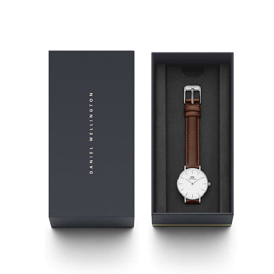 Daniel Wellington Petite White Dial Brown Leather Strap Watch For Women - DW00100243