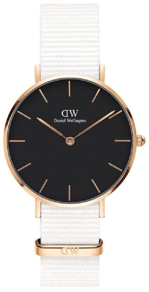 Daniel Wellington Classic Petit Dover Black Dial White NATO Strap Watch For Women - DW001000312
