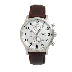 Hugo Boss Aeroliner Chronoraph White Dial Brown Leather Strap Watch For Men - HB1512447
