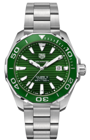 Tag Heuer Aquaracer Calibre 5 Green Dial Silver Steel Strap Watch for Men - WAY201S.BA0927