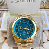 Michael Kors Runway Stop Hunger Blue Dial Gold Steel Strap Watch for Men - MK8315