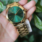 Michael Kors Slim Runway Green Dial Gold Steel Strap Watch for Women - MK3435