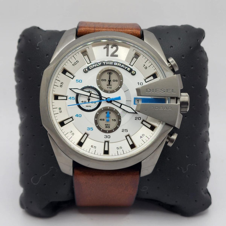 Diesel Mega Chief Chronograph White Dial Brown Leather Strap Watch For Men - DZ4280