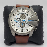 Diesel Mega Chief Chronograph White Dial Brown Leather Strap Watch For Men - DZ4280