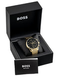 Hugo Boss Navigator Black Dial Gold Steel Strap Watch for Men - 1513531