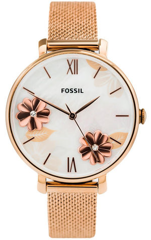 Fossil Jacqueline Three-Hand White Dial Rose Gold Mesh Bracelet Watch for Women - ES4534