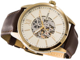 Fossil Flynn Mechanical Skeleton Beige Dial Brown Leather Strap Watch for Men - BQ2215