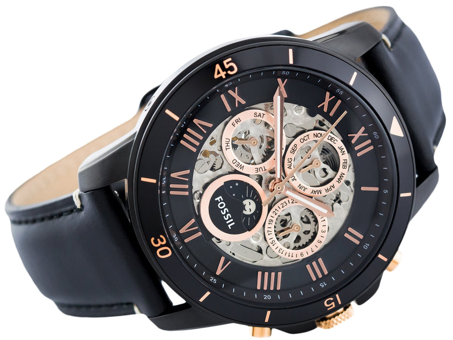 Fossil Grant Sport Automatic Skeleton Black Dial Black Leather Strap Watch for Men - ME3138