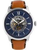 Fossil Townsman Automatic Skeleton Blue Dial Brown Leather Strap Watch for Men - ME3154