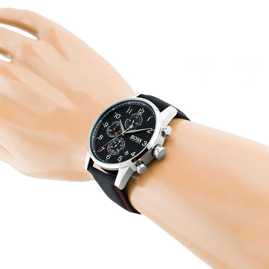 Hugo Boss Navigator Black Dial Black Leather Strap Watch for Men - 1513535