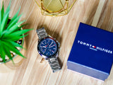 Tommy Hilfiger Bank Chronograph Blue Dial Silver Steel Strap Watch for Men - 1791718