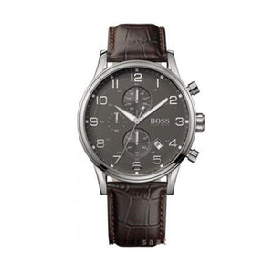 Hugo Boss Aeroliner Chronograph Quartz Grey Dial Brown Leather Strap Watch For Men - HB1512570