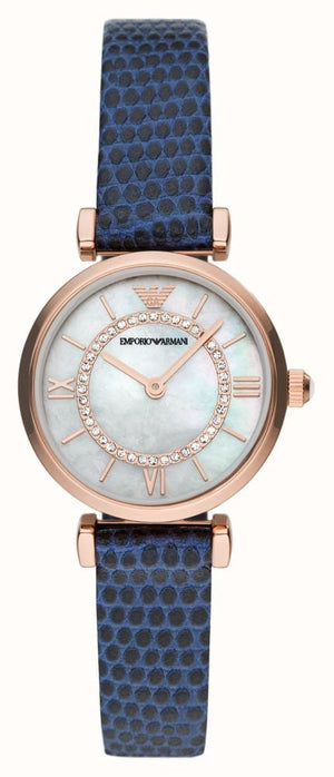 Emporio Armani Gianni T-Bar Analog Mother of Pearl Dial Blue Leather Strap Watch For Women - AR11468