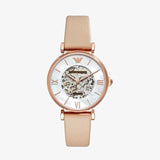 Emporio Armani Meccanico Silver Skeleton Dial Beige Leather Strap Watch For Women - AR60001