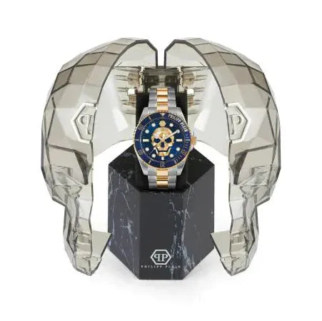 Philipp Plein The $kull Diver Blue Dial Silver With Gold Stainless Steel Strap Watch For Men- PWOAA0722