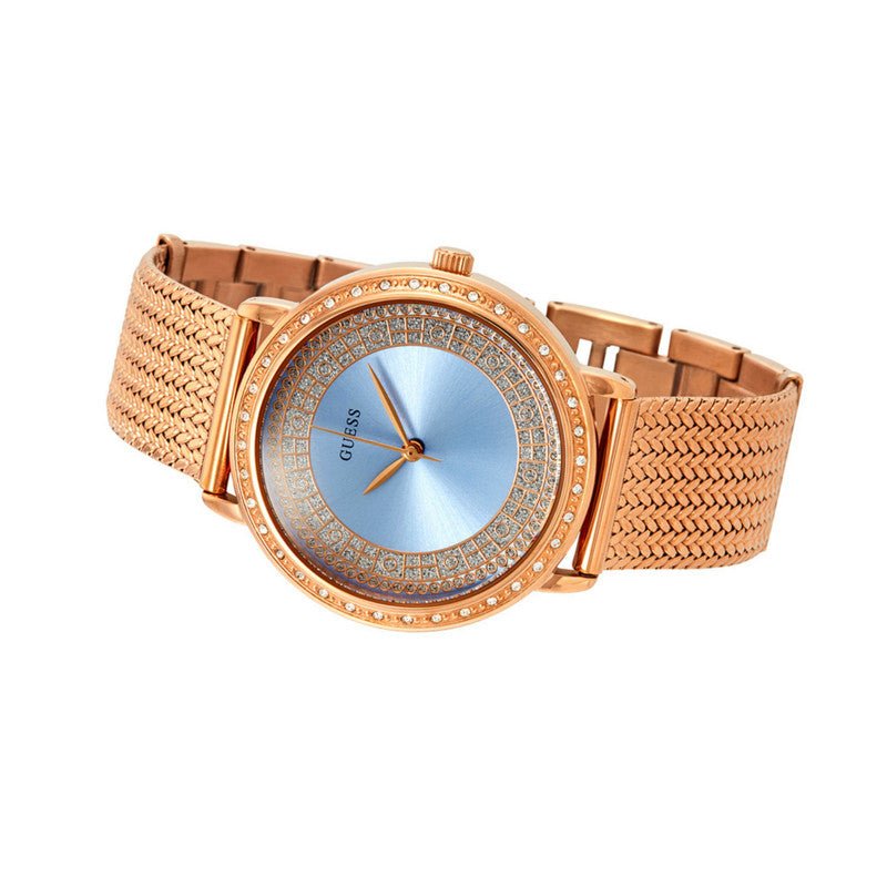 Guess Willow Crystal Blue Dial Rose Gold Mesh Bracelet Watch For Women - W0836L1