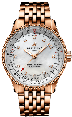 Breitling Navitimer Automatic 35 White Mother of Pearl Dial Rose Gold Steel Strap Watch for Men - R17395211A1R1