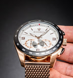 Maserati Traguardo 45mm Chronograph Rose Gold Mesh Strap White Dial Watch For Men - R8873612011