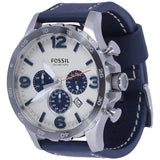 Fossil Nate Chronograph White Dial Blue Leather Strap Watch for Men - JR1480