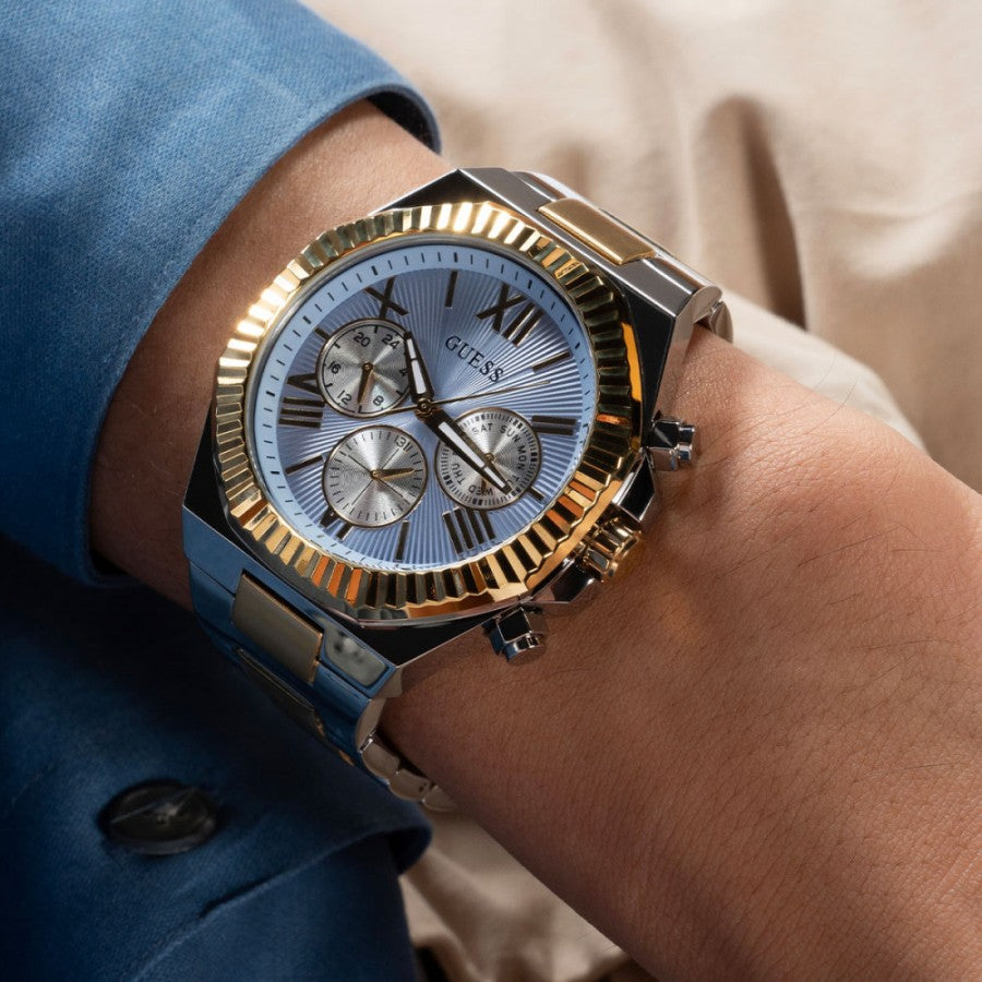 Guess Equity Analog Blue Dial Two Tone Steel Strap Watch For Men - GW0703G3