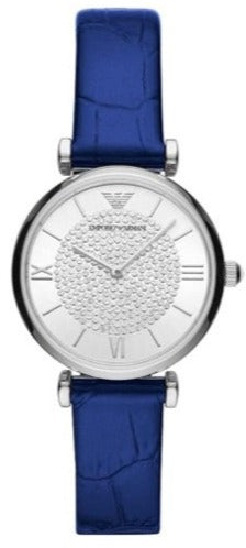 Emporio Armani Gianni T Bar Quartz Crystals Silver Dial Blue Leather Strap Watch For Women - AR11344