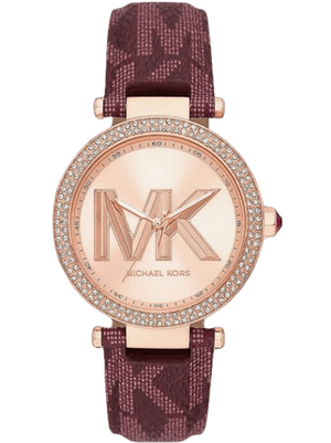 Michael Kors Parker Rose Gold Dial Maroon Leather Strap Watch For Women - MK2974