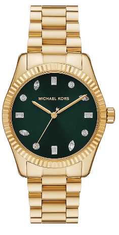 Michael Kors Lexington Three Hand Green Dial Gold Steel Strap Watch For Women - MK7449