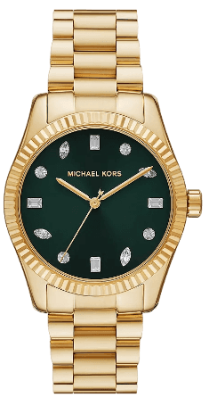 Michael Kors Lexington Three Hand Green Dial Gold Steel Strap Watch For Women - MK7449