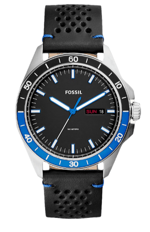 Fossil Sport 54 Day Date Black Dial Black Leather Strap Watch for Men - FS5321