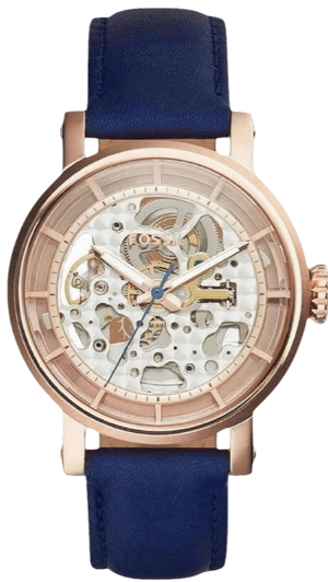 Fossil Original Boyfriend Skeleton White Dial Blue Leather Strap Watch for Women - ME3086