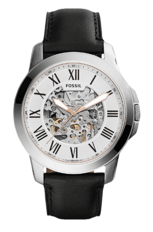 Fossil Grant Automatic Skeleton White Dial Black Leather Strap Watch for Men - ME3101