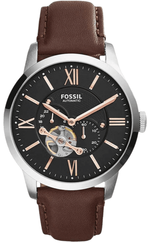 Fossil Townsman Automatic Black Dial Brown Leather Strap Watch for Men - ME3061